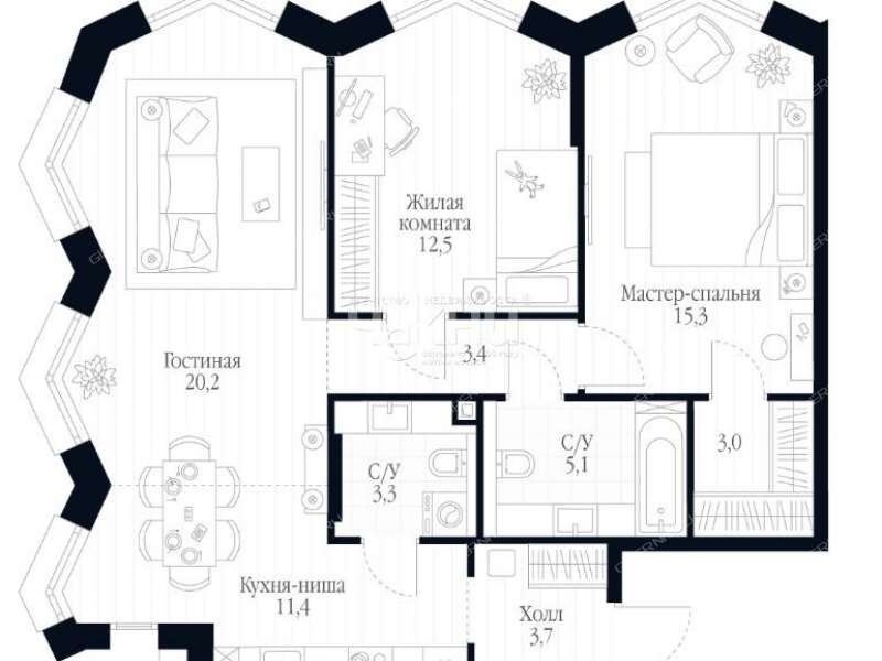 трёхкомнатная квартира в новостройке на Черниговской улице