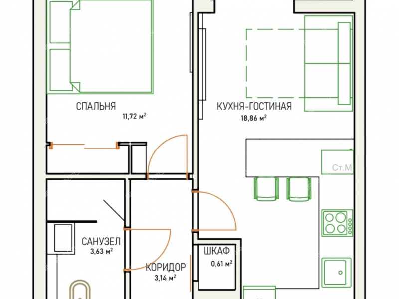 однокомнатная квартира на 1-й Оранжерейной улице дом 24А
